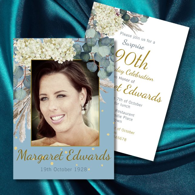 90th Floral Gold Surprise Elegant Photo Birthday Invitation (Creator Uploaded)