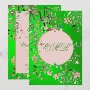 90th Floral Green Elegant Pink  Monogram Birthday Invitation