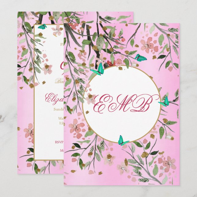 90th Floral Pink Chic  Elegant  Monogram Birthday Invitation (Front/Back)