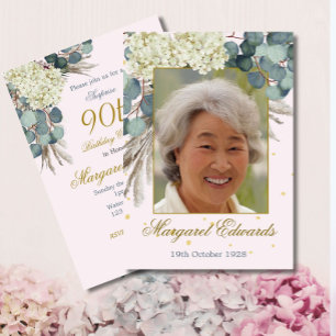 90th Floral Pink Elegant Photo Birthday Invitation