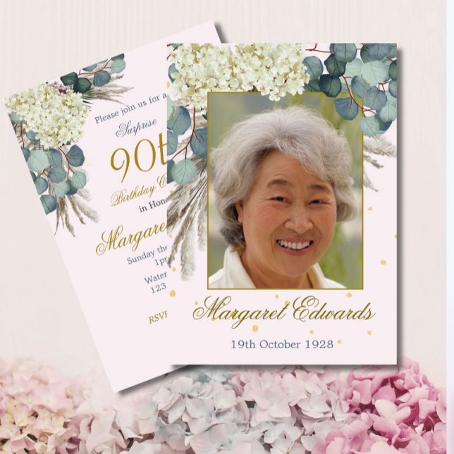 90th Floral Pink Elegant Photo Birthday Invitation (Creator Uploaded)
