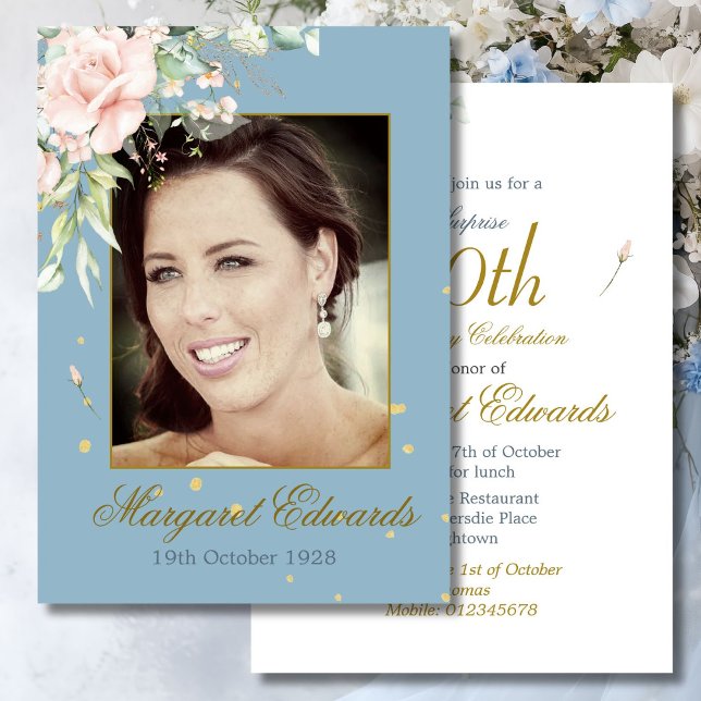 90th Floral Roses Gold Blue Elegant Photo Birthday Invitation (Creator Uploaded)