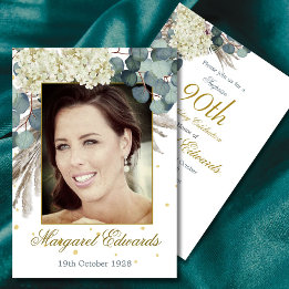 90th Floral White Gold Elegant Photo Birthday Invitation