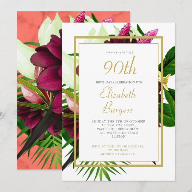 90TH  Gold Coral Floral Elegant Modern Birthday Invitation (Front/Back)