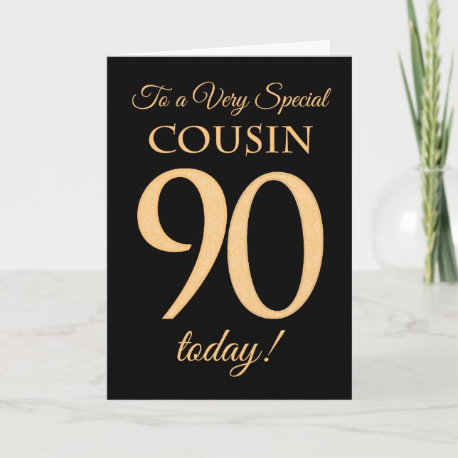 90th Gold-effect on Black, for Cousin Birthday Card (Front)