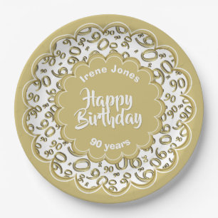 90th Gold/White Random Number Pattern Paper Plate