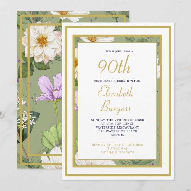 90TH Green Gold Floral Elegant Modern Birthday Invitation (Front/Back)