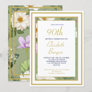 90TH Green Gold Floral Elegant Modern Birthday Invitation
