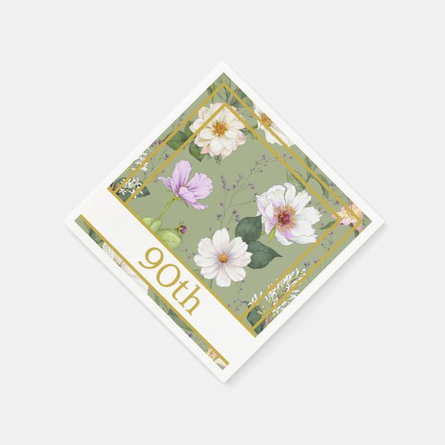 90TH Green Gold Floral Elegant Modern Paper Napkin (Corner)