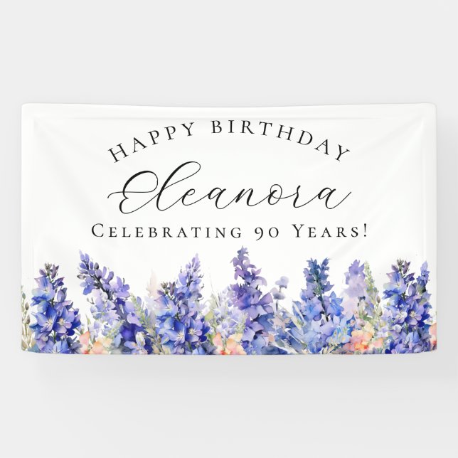 90th Happy Birthday Banner Blue July Birth Flower (Horizontal)