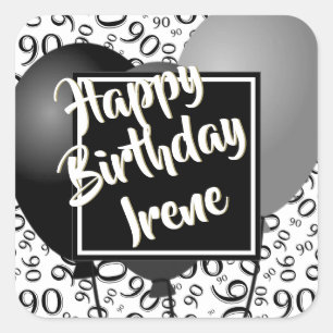 90th Happy Birthday - Black/White Number Pattern Square Sticker
