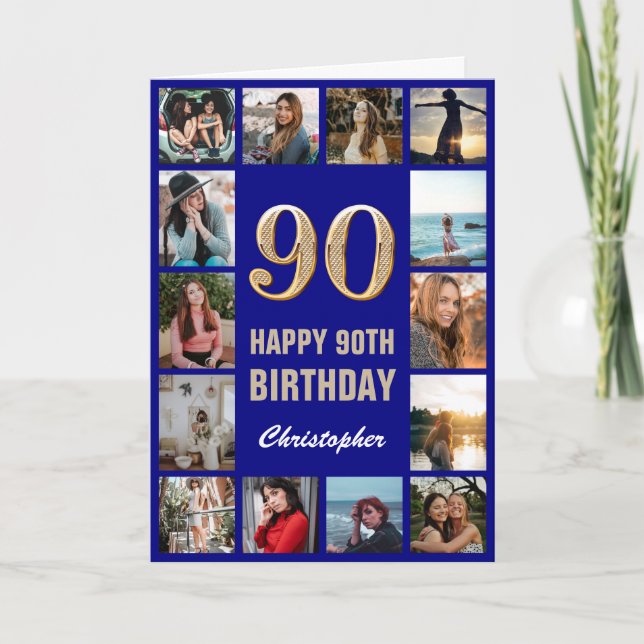 90th Happy Birthday Navy Blue & Gold Photo Collage Card (Front)