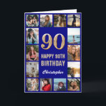 90th Happy Birthday Navy Blue & Gold Photo Collage Card<br><div class="desc">90th Happy Birthday Navy Blue and Gold Photo Collage Birthday Card. For further customisation,  please click the "Customise it" button and use our design tool to modify this template.</div>