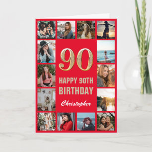 90th Happy Birthday Red and Gold Photo Collage Card