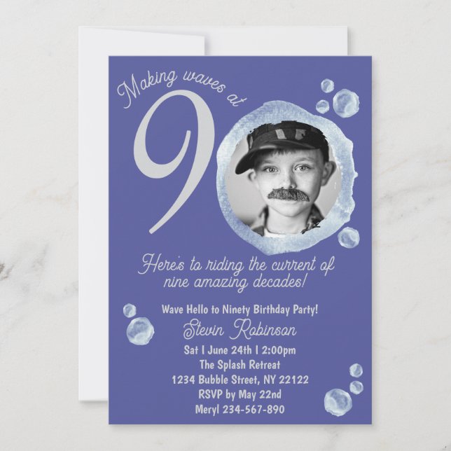 90th Indigo Blue Bubble Birthday Party Photo Invitation (Front)