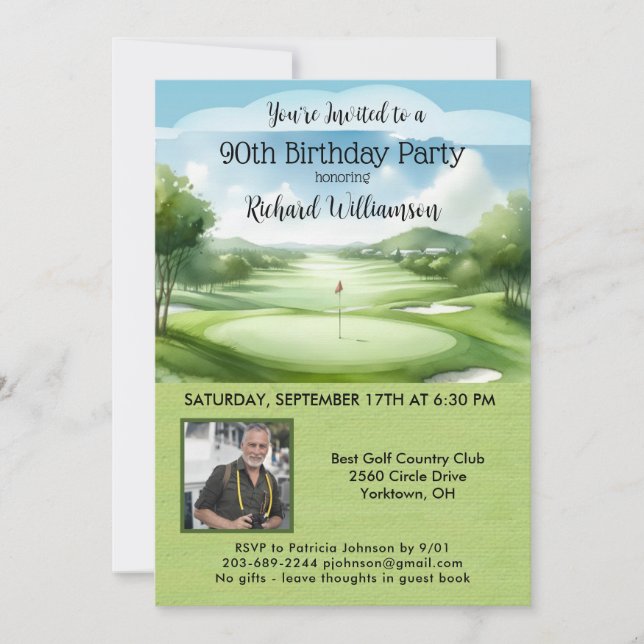 90th Men's Birthday Party Photo Golf  Invitation (Front)