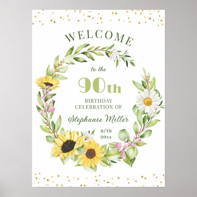 90th Ninetieth Birthday Party Sunflower Welcome Poster (Front)