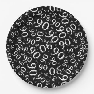 90th Party Random Number Pattern Black/White Paper Plate