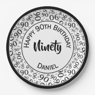 90th Party Random Number Pattern Black/White Paper Plate