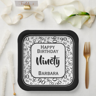 90th Party Random Number Pattern Black/White Paper Plate