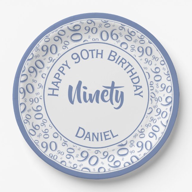 90th Party Random Number Pattern Blue/White Paper Plate (Front)