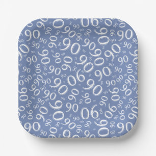 90th Party Random Number Pattern Blue/White Paper Plate