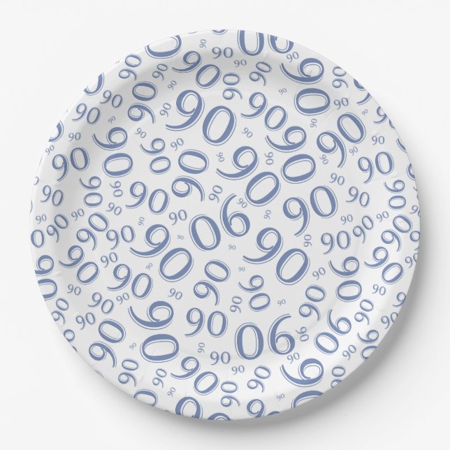90th Party Random Number Pattern Gold/White Paper Plate (Front)