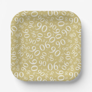 90th Party Random Number Pattern Gold/White Paper Plate