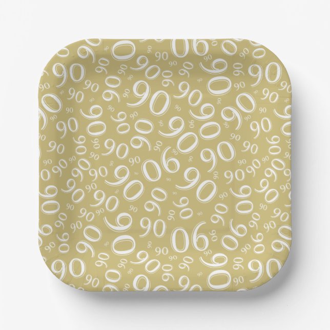 90th Party Random Number Pattern Gold/White Paper Plate (Front)
