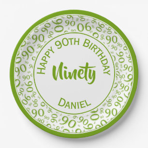  90th Party Random Number Pattern Green/White Paper Plate