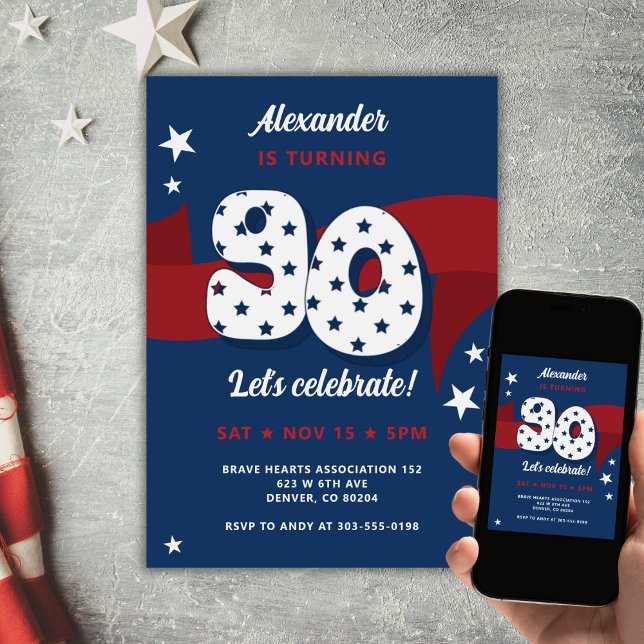 90th Patriotic Birthday Party Red White Blue Stars Invitation (Creator Uploaded)