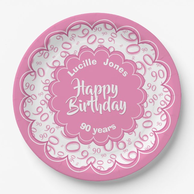90th Pink/White Random Number Pattern Paper Plate (Front)