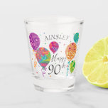 90th Purple Aqua Birthday Balloons Custom Name Shot Glass<br><div class="desc">This 90th birthday themed shot glass features festive balloons with fractal patterns in purple,  aqua,  turquoise,  pink and green. Personalise with a name and age. Designed by world renowned artist ©Tim Coffey.</div>