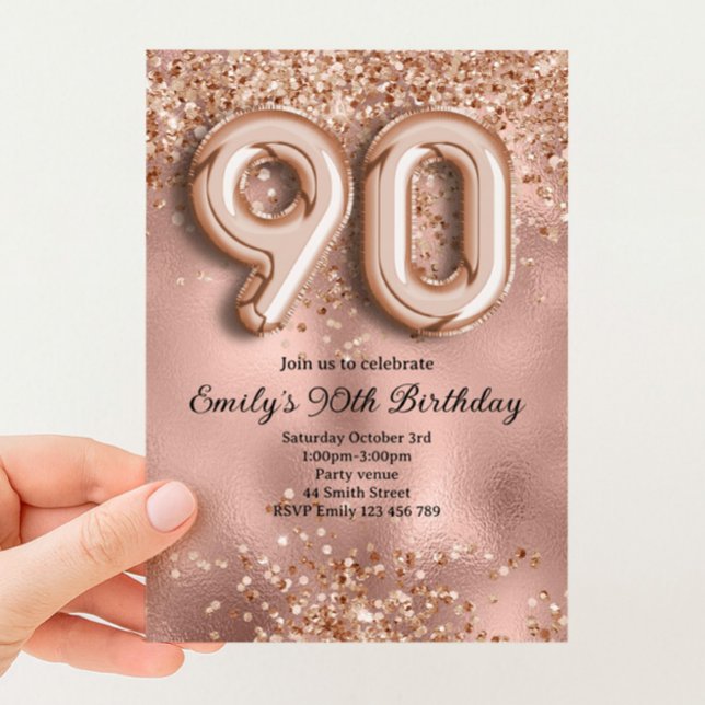 90th Rose Gold Glitter Birthday Invitation (Creator Uploaded)