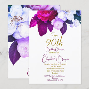 90th Rose Purple Plum Burgundy Elegant Birthday Invitation