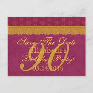 90th Save the Date Birthday Burgundy Gold Lace 003 Announcement Postcard