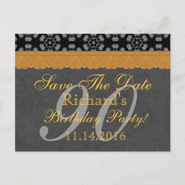 90th Save the Date Dark Grey and Gold Lace 005 Announcement Postcard (Front)
