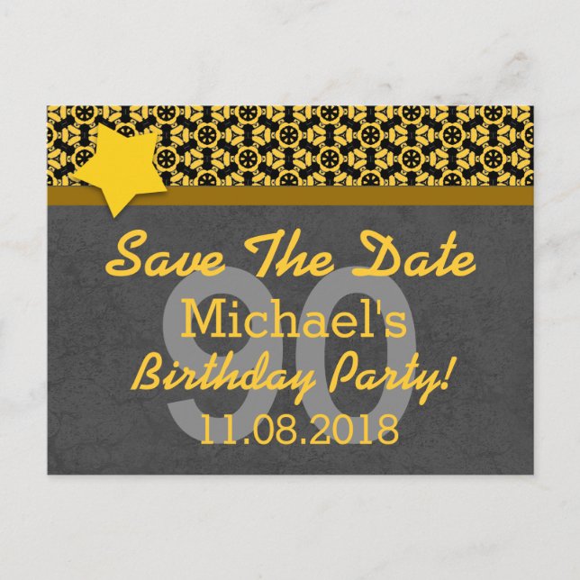 90th Save the Date Dark Grey Gold STARS G80C Announcement Postcard (Front)