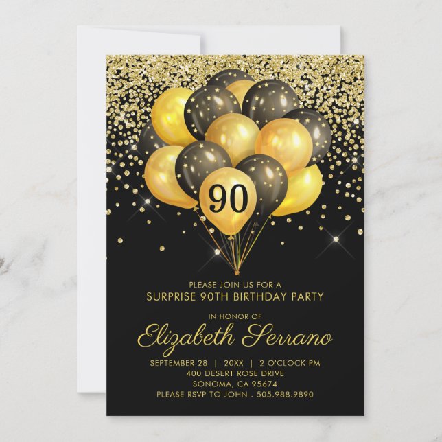 90th Surprise Birthday Party Black Gold Glitter   Invitation (Front)