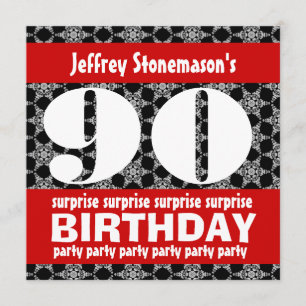 90th Surprise Birthday Party Black Red White Invitation