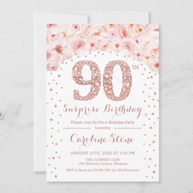 90th Surprise Birthday Party - White Rose Gold Invitation (Front)