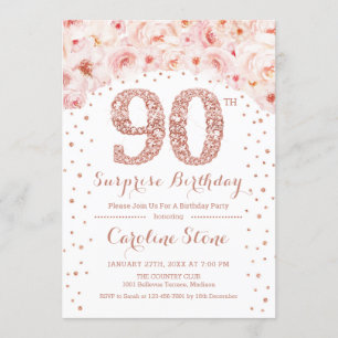 90th Surprise Birthday Party - White Rose Gold Invitation