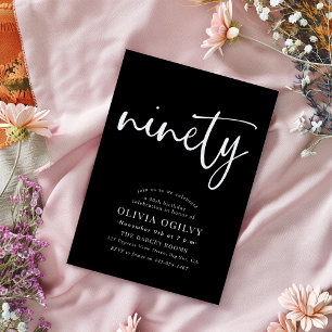 90th White on Black Birthday Party Modern Script Invitation