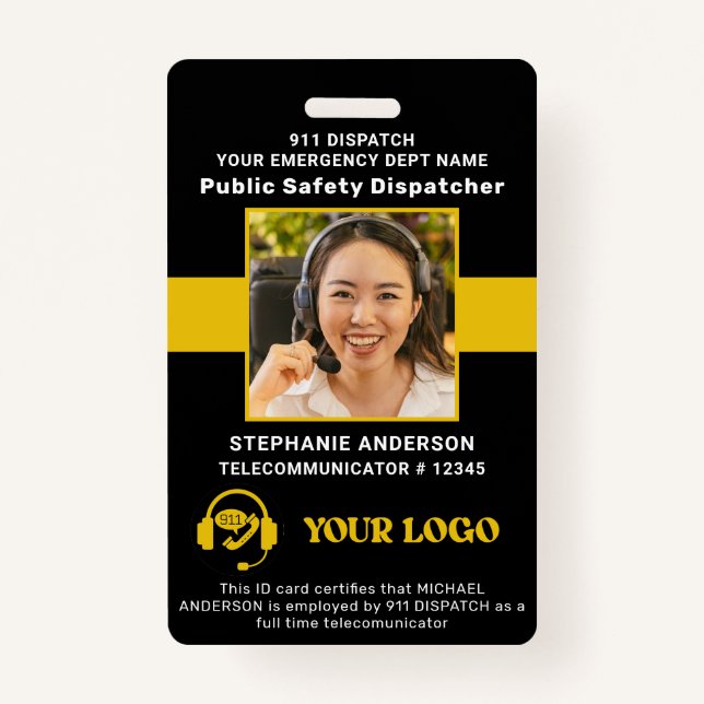 911 Dispatcher ID Custom Photo Thin Gold Line  ID Badge (Front)