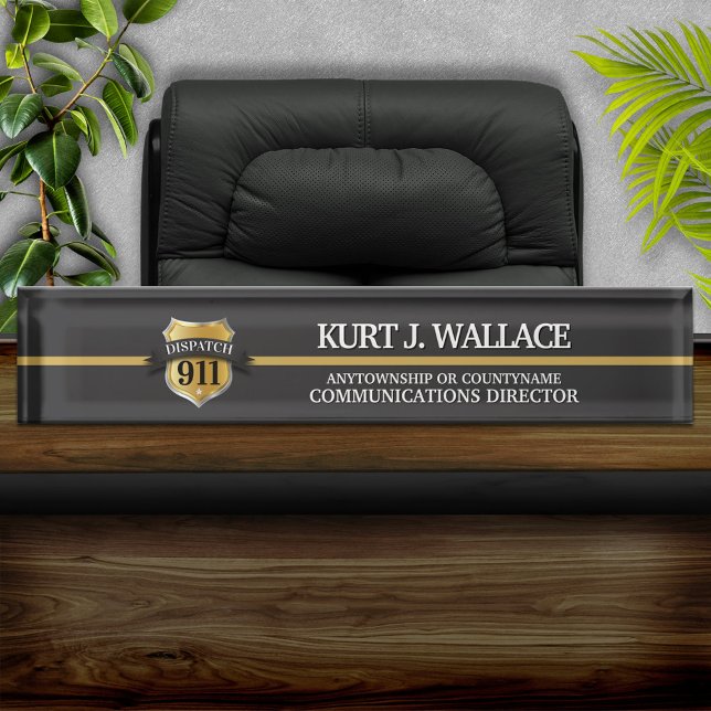 911 Dispatcher Thin Gold Line Shield Acrylic Nameplate (Creator Uploaded)