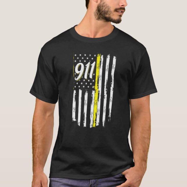 911 Dispatcher Thin Yellow Line Police USA Flag T-Shirt (Front)