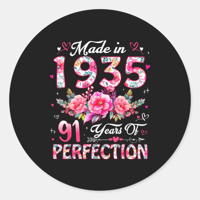 91 Year Old Made In 1935 Floral 91st Birthday Wome Classic Round Sticker (Front)