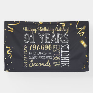 91 Years - Elegant Black & Gold - 91st Birthday Banner