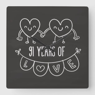 91st Anniversary Gift Chalk Hearts Square Wall Clock