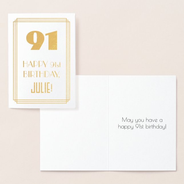 91st Birthday: Art Deco Inspired Look "91" & Name Foil Card (Display)
